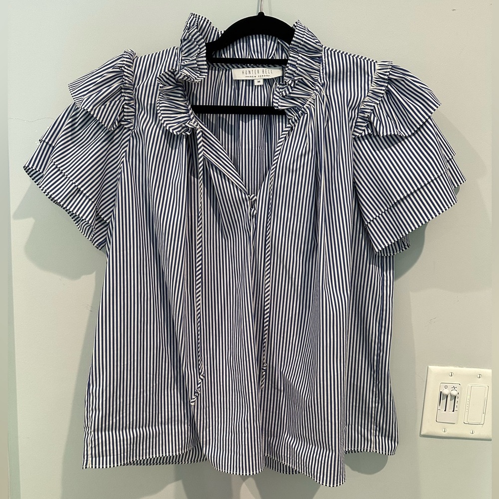 HUNTER BELL Blue and White Puff Sleeve Blouse